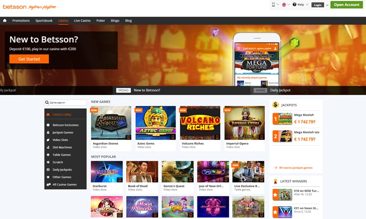 Betsson Casino site desing