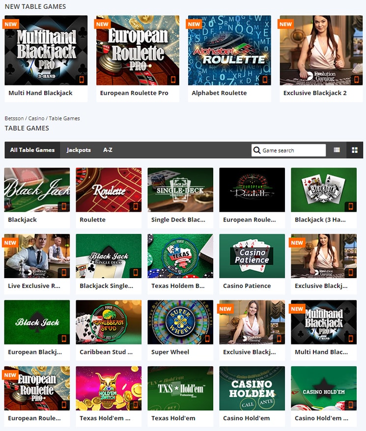 Betsson Casino games and software