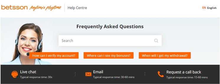 Betsson Casino users support service