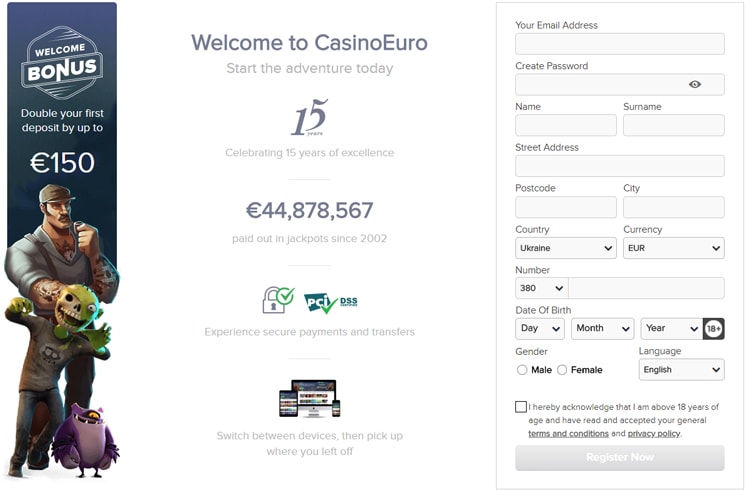 Formularz rejestracji Casino Euro