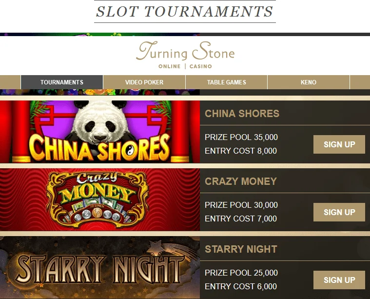Intră în turneele de sloturi online Turning Stone Casino online