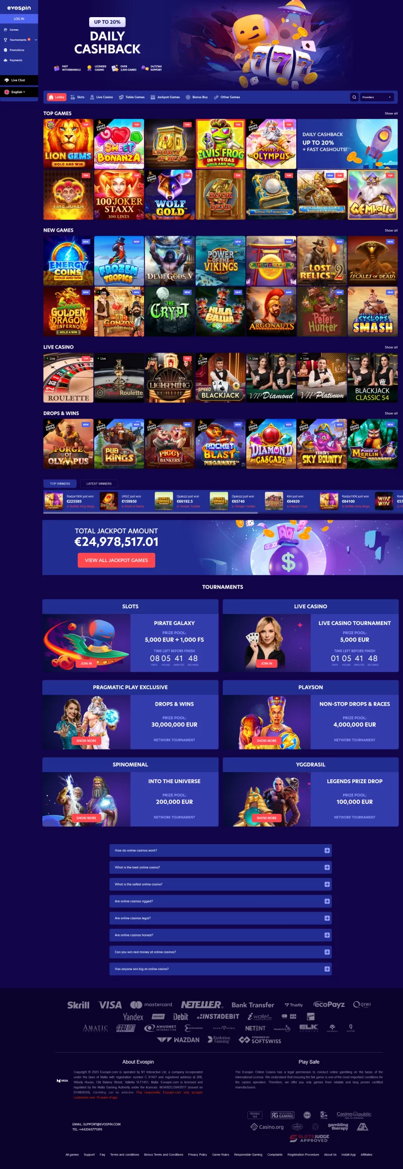 Página de inicio de Evospin casino