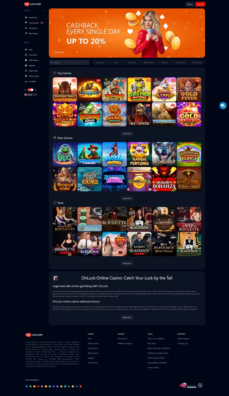 Pagina de start On Luck casino